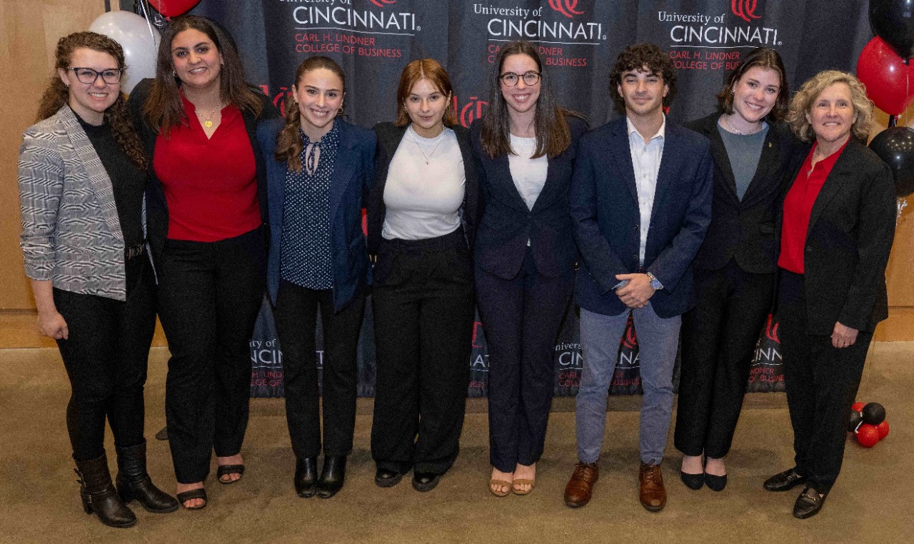 Marianne Lewis, Dean of University of Cincinnati College of Business enjoyed students awards ceremony Monday April 7, 2025 at Lindner College of Business. Photos by Joseph Fuqua II 