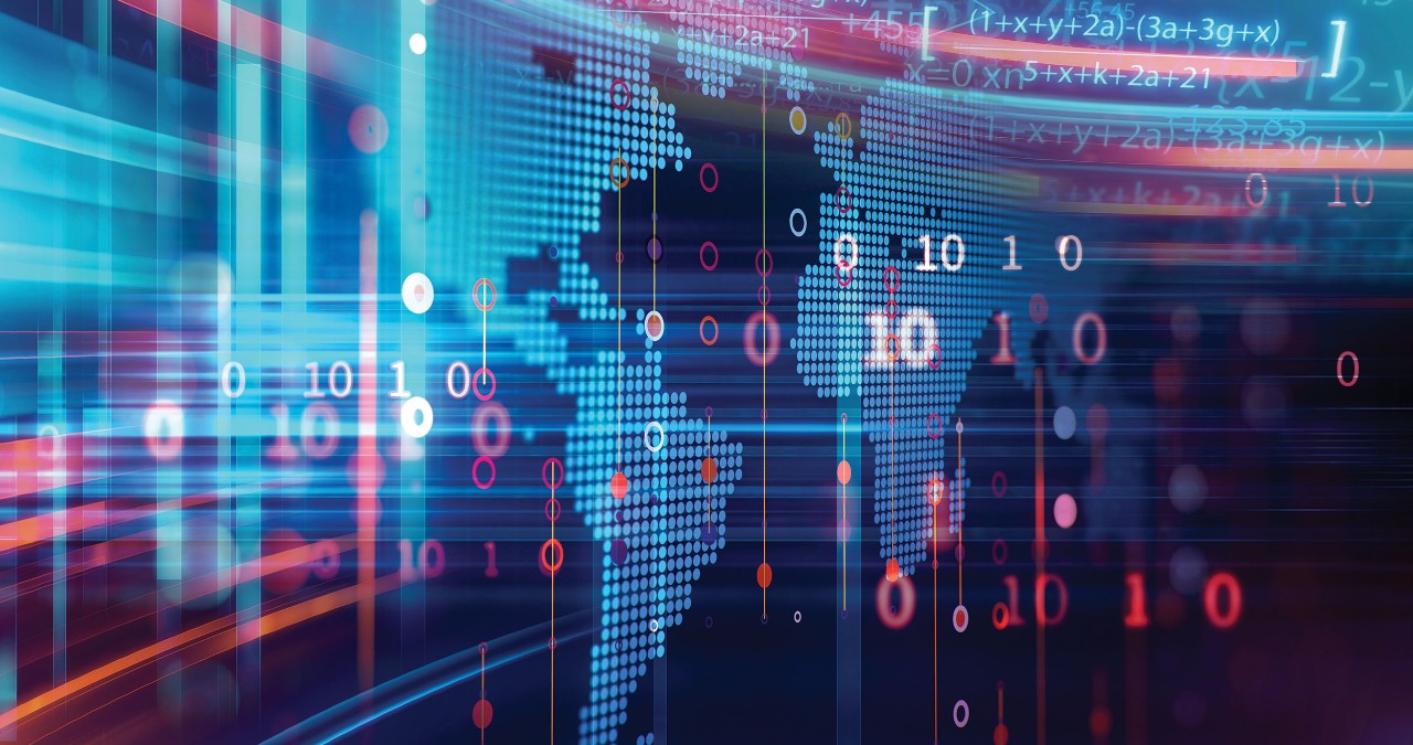 stock photo of map of world with blue and red lights on a computer screen