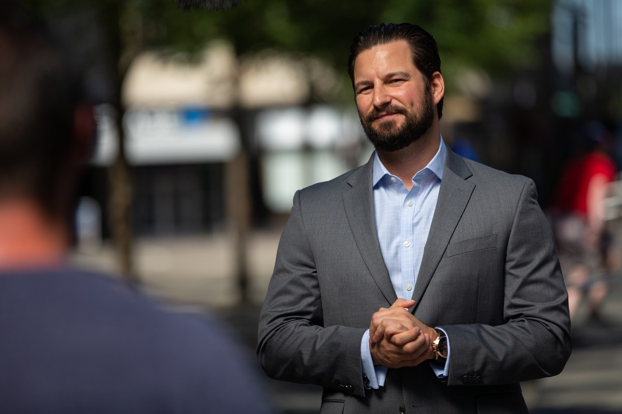 Behind the scenes at the filming of the Lindner College of Business graduate programs marketing video.