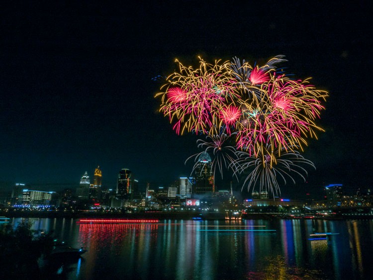 Cincinnati skyline with and without fireworks, Friday Night Baseball - fireworks after game, Great American Ball Park  GABP